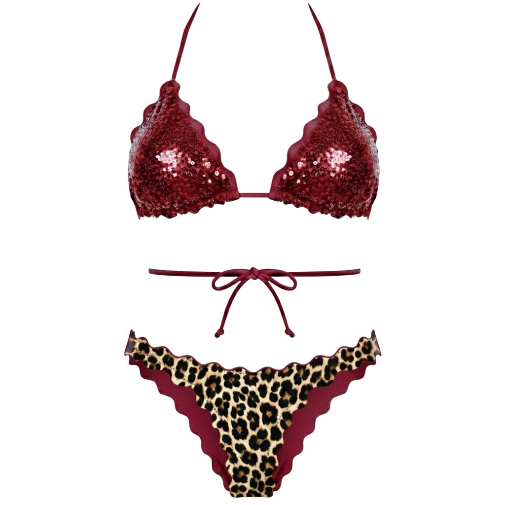 BIKINI TRIANGOLO PAILLETTES BORDEAUX LEOPARDATO