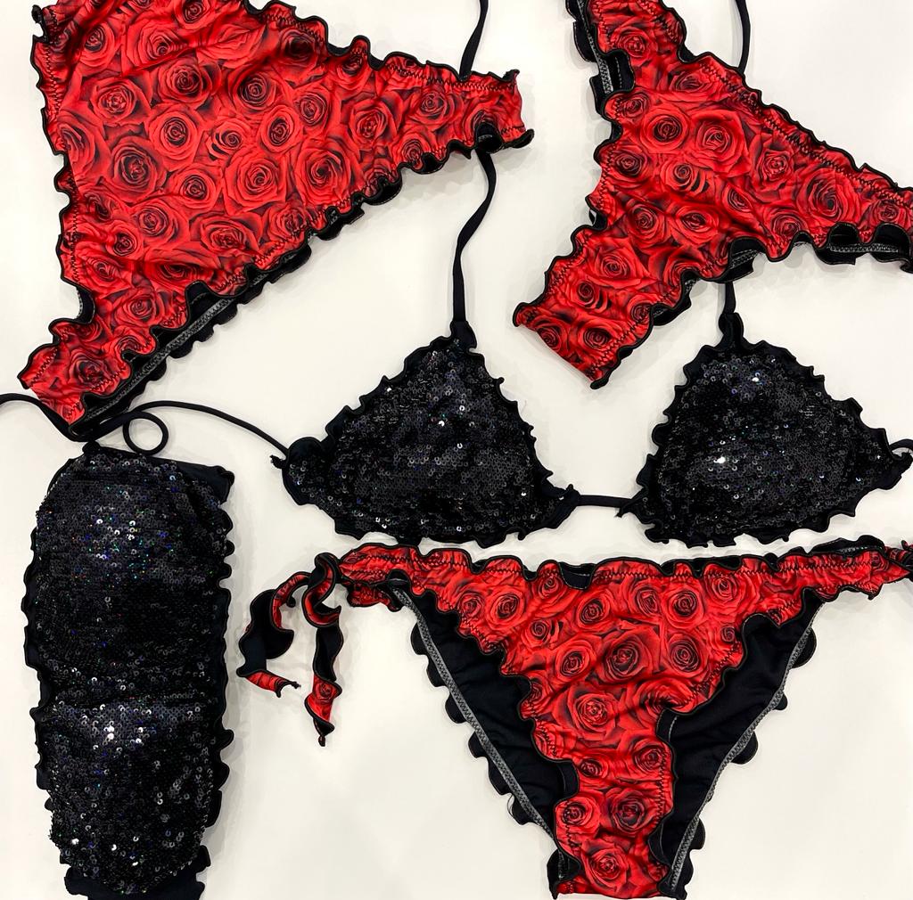 BIKINI TRIANGOLO PAILLETTES NERO ROSE