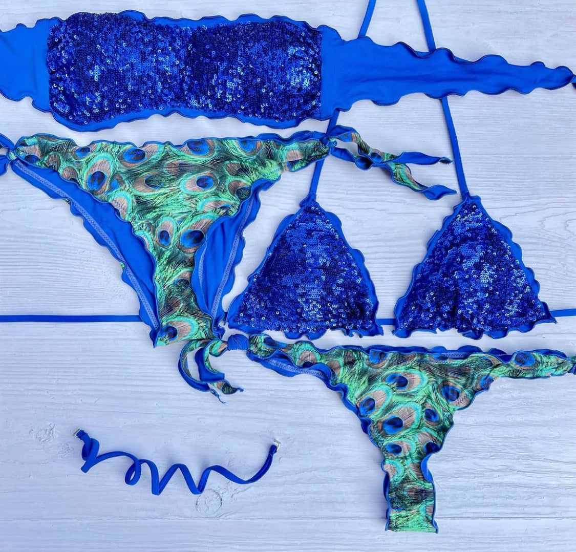 BIKINI TRIANGOLO PAILLETTES BLU PAVONE