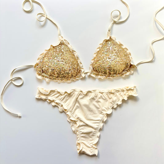 BIKINI TRIANGOLO PAILLETTES CREMA/ORO