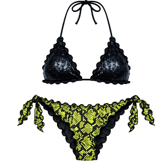 BIKINI TRIANGOLO PAILLETTES NERO PITONATO LIME