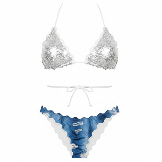 BIKINI TRIANGOLO PAILLETTES BIANCO JEANS