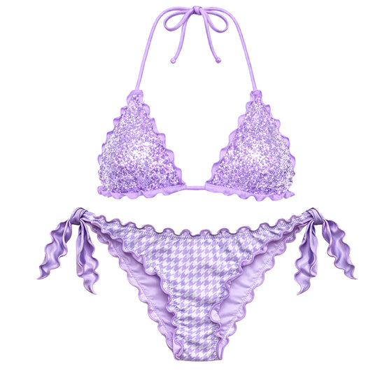 BIKINI TRIANGOLO PAILLETTES LILLA PIED DE POULE