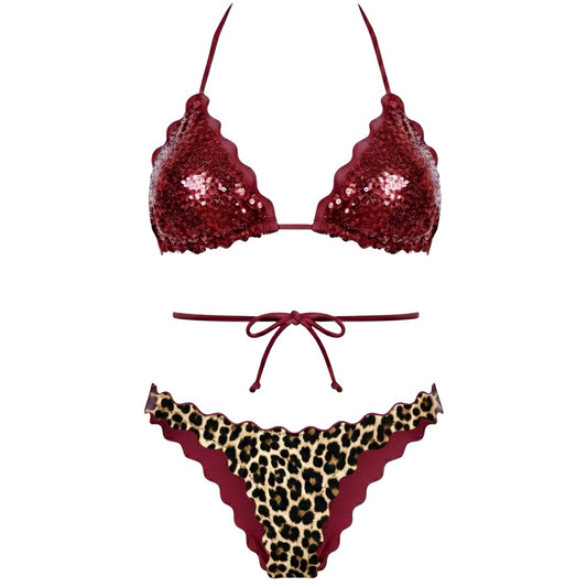 BIKINI TRIANGOLO PAILLETTES BORDEAUX LEOPARDATO