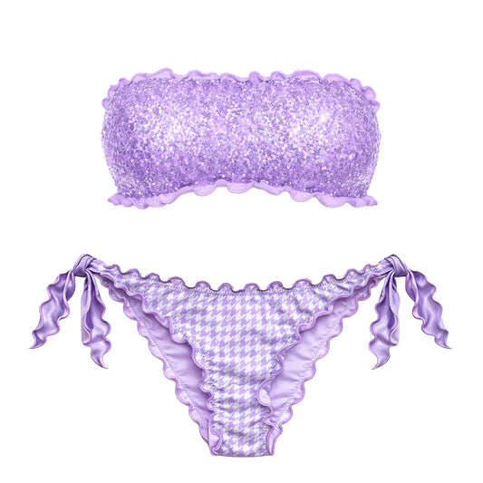 BIKINI FASCIA PAILLETTES LILLA PIED DE POULE