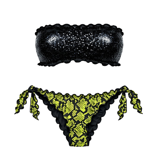 BIKINI FASCIA PAILLETTES NERO PITONATO LIME