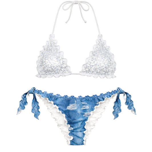 BIKINI TRIANGOLO PAILLETTES BIANCO JEANS