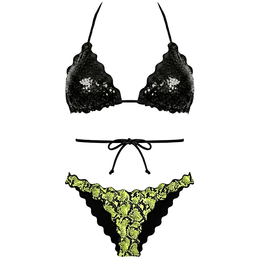 BIKINI TRIANGOLO PAILLETTES NERO PITONATO LIME