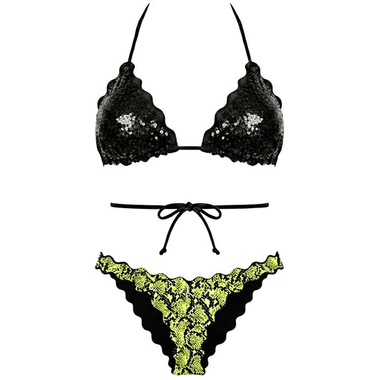 BIKINI TRIANGOLO PAILLETTES NERO PITONATO LIME
