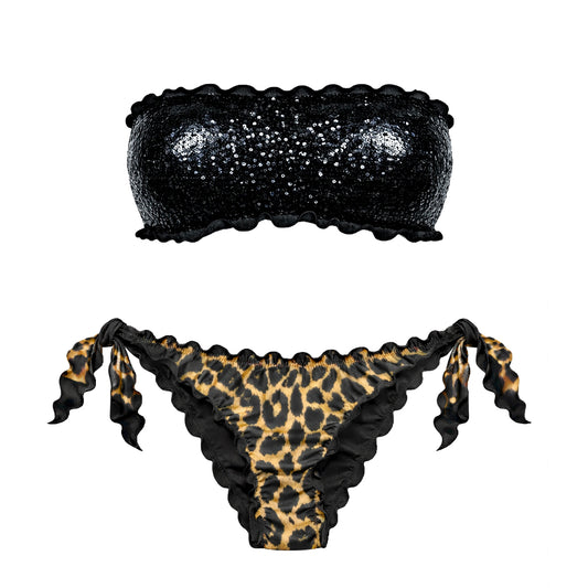 BIKINI FASCIA PAILLETTES NERO LEOPARDATO