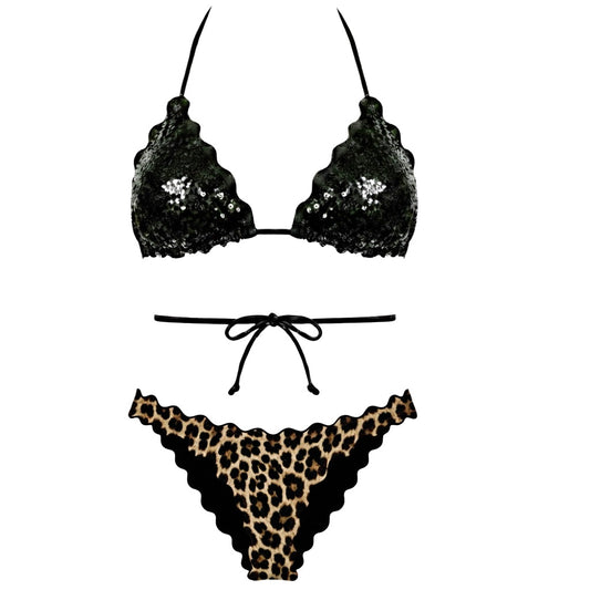 BIKINI TRIANGOLO PAILLETTES NERO LEOPARDATO