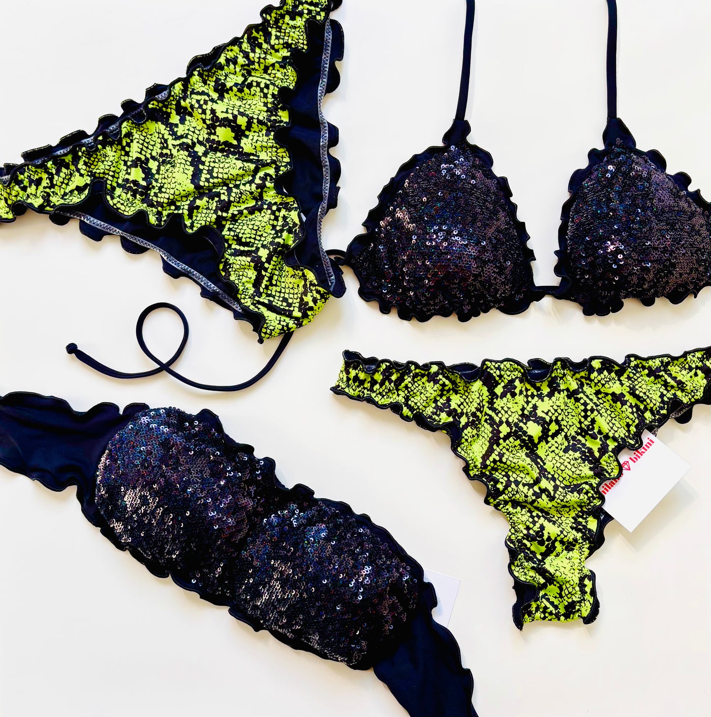 BIKINI TRIANGOLO PAILLETTES NERO PITONATO LIME