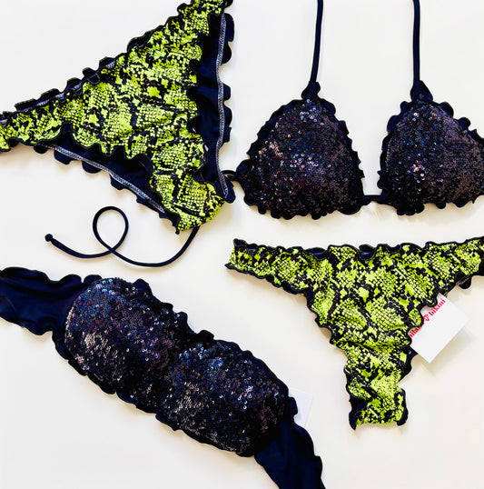 BIKINI TRIANGOLO PAILLETTES NERO PITONATO LIME